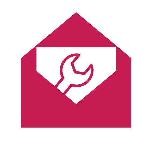 röd symbol mot vit bakgrund, ett kuvert som innehåller ett brev med bild på en skiftnyckel. 