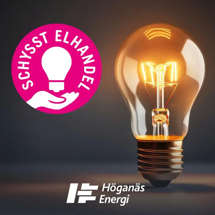 Mörk bakgrund och en glödlampa som lyser. En magentafärgat cirkel med en hand som håller en glödlampa och texten schysst elhandel. Höganäs Energis logotype nere på bilden. 