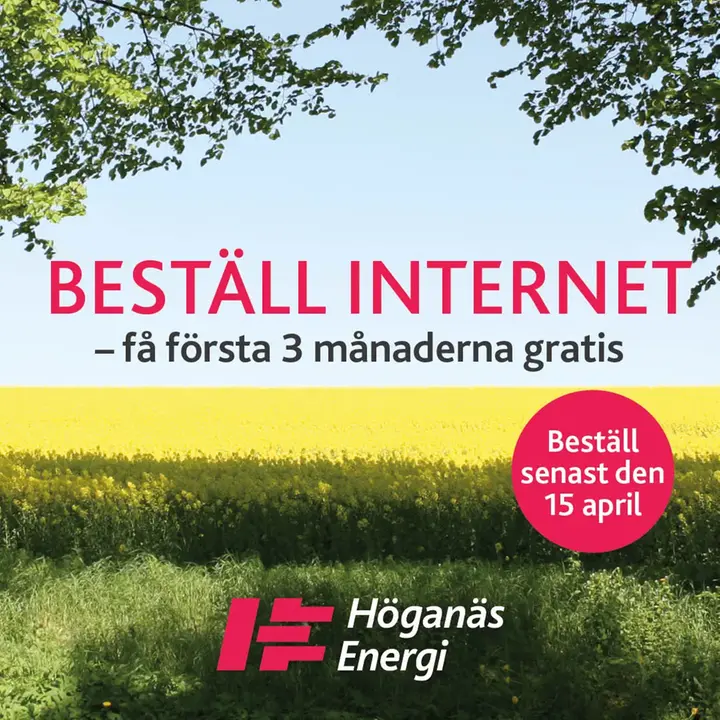 Blå himmel och rapsfält och text med Beställ internet från Höganäs Energi, få första 3 månaderna gratis. 