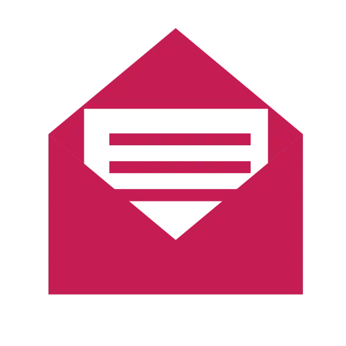 röd symbol mot vit bakgrund, ett kuvert som innehåller ett brev.