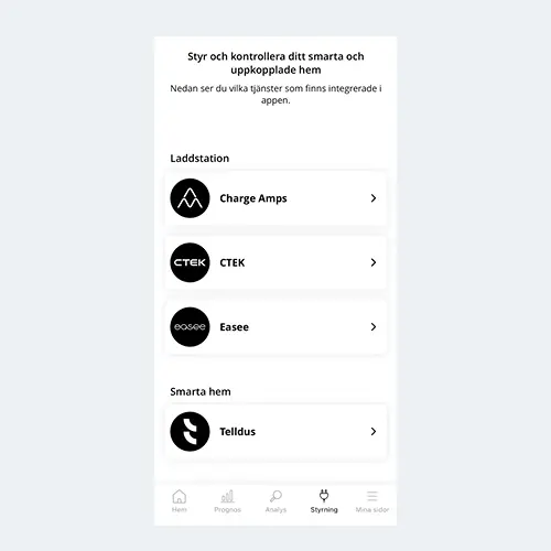 Vita fält med svart text och svarta symboler på Höganäs Energis app. 
