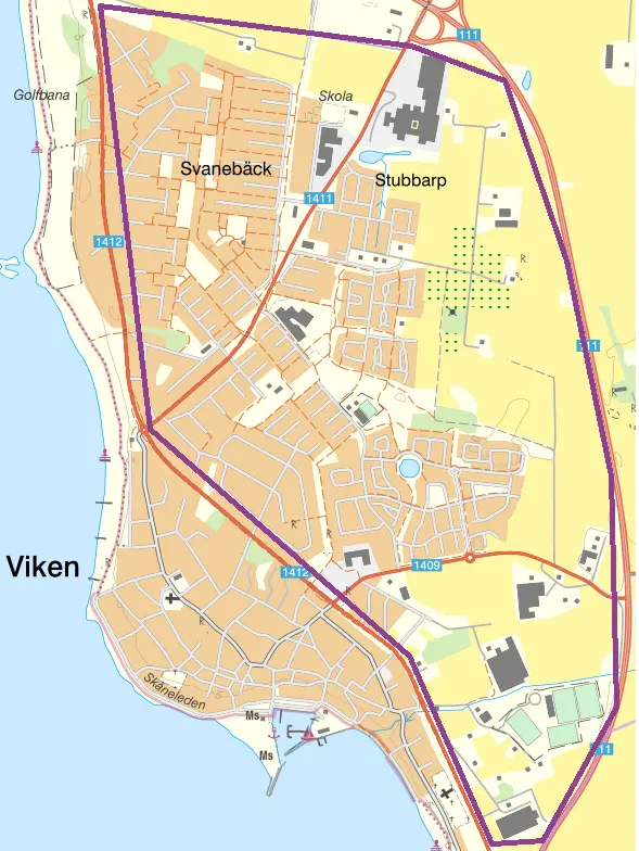 Karta över Viken med en lila markering där fjärrvärme kommer att erbjudas.