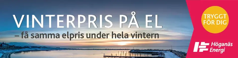 En brygga med röda sjöbodar. Det är snö på marken och solnedgången skymtas i horisonten. Texterna "vinterpris på el, få samma elpris under hela vintern" och "tryggt för dig" finns i bilden.
