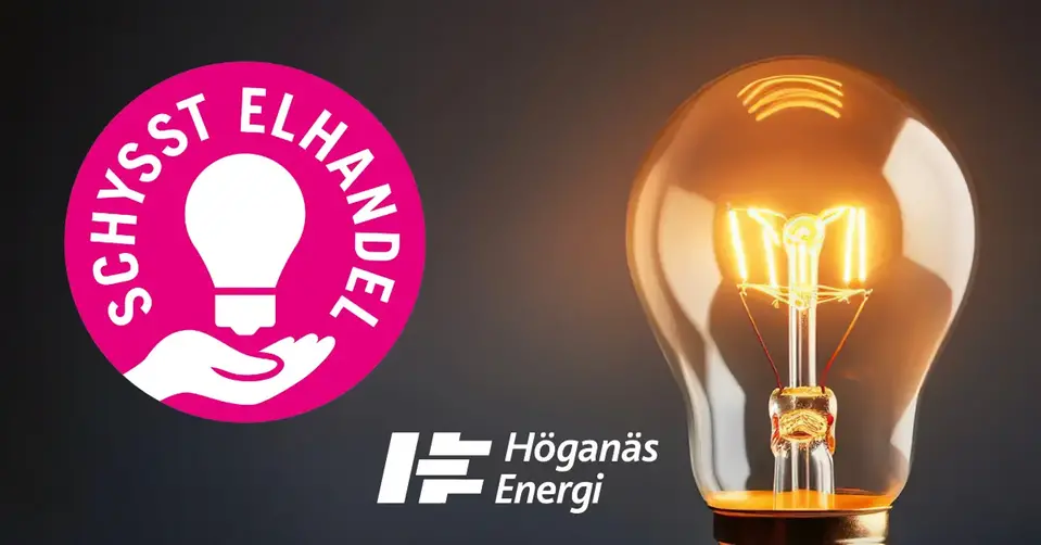 Mörk bakgrund och en glödlampa som lyser. En magentafärgat cirkel med en hand som håller en glödlampa och texten schysst elhandel. Höganäs Energis logotype nere på bilden. 